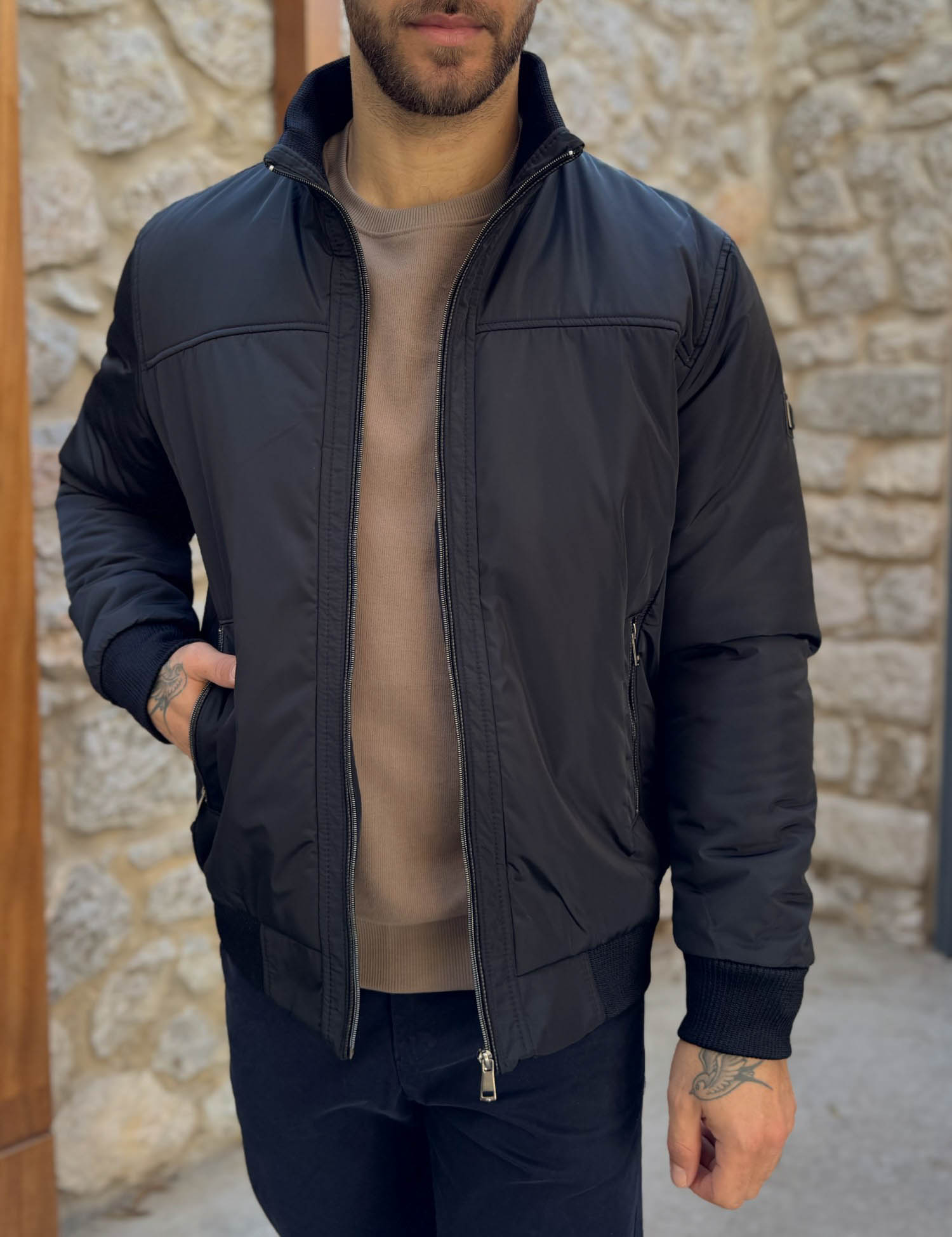 Hi Men Ανδρικό μπλε μπουφάν με γιακά και λάστιχο HM264044B